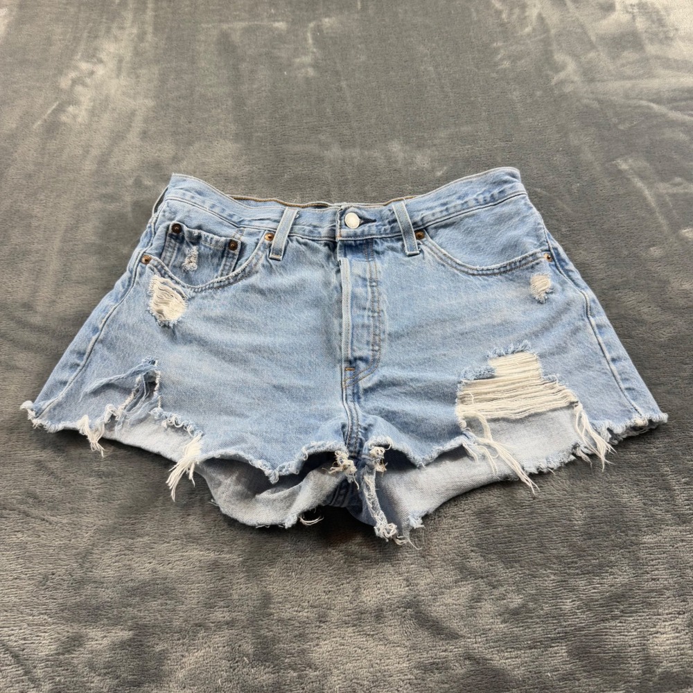 Levis 501 Original Distressed Denim Shorts Light Wash W29 High Rise Button Fly